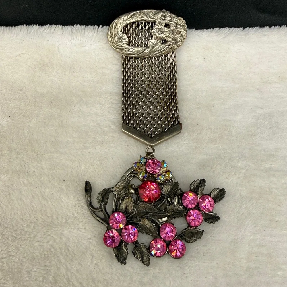 Vintage Brooch Pink Silver Tone Mesh Ribbon Floral Rhinestone Chatelaine Style